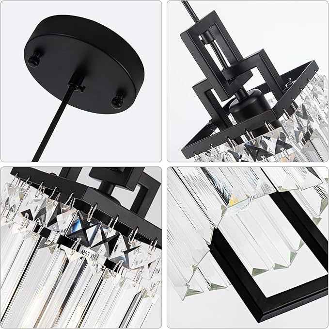 Modern Black Pendant Light Fixtures for Kitchen Island and Dining Room, Industrial Small Hanging Crystal Chandelier Light Fixture for Bedroom Entryway Living Room Foyer Hallway 1-Pack