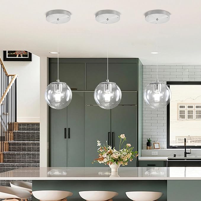 ykolupty 1 Light Globe Pendant Light for Kitchen Island Silver Pendant Light Fixtures with Clear Glass Globe Hanging Lights for Bedroom,Hallway,Bar