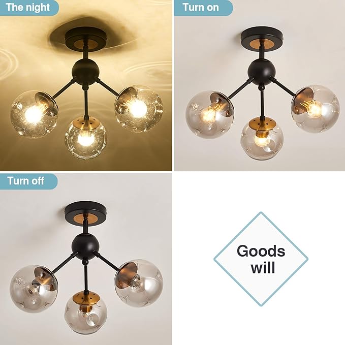 SZXYKEJI 3-Light Chandelier ，Vintage Semi Flush Mount Ceiling Light Fixture with Glass Globe， Black Ceiling Light for Hallway Stairway Porch Entryway Kitchen Bedroom Laundry Farmhouse..