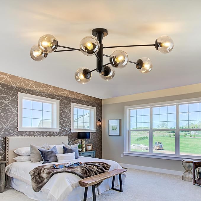 hesoge Modern Sputnik Ceiling Lights Black Semi Flush Mount Ceiling Fixture with Glass Globes 8 Light Large Chandelier for Dining Room Bedroom Living Room Kitchen Farmhouse.