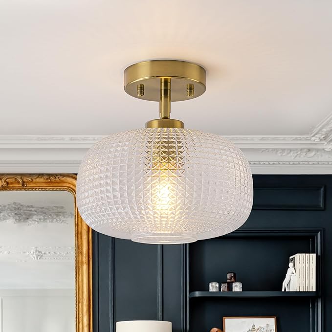 EDISLIVE 9.8" Glass Semi Flush Mount Ceiling Light E26 Vintage Globe Ceiling Lamp with Clear Plaid Glass for Hallyway Kitcen Bedroom Gold