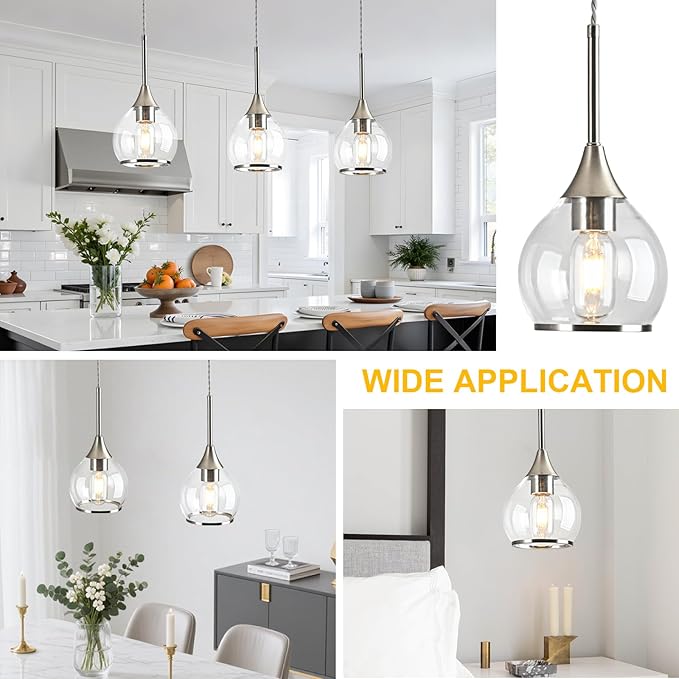 1-Piece Island Light for Kitchen, 1-Light Brushed Nickel Kitchen Island Hanging Pendant Light with Clear Round Glass Shades, Brushed Nickel Finish Dining Room Light Fixture Over Table