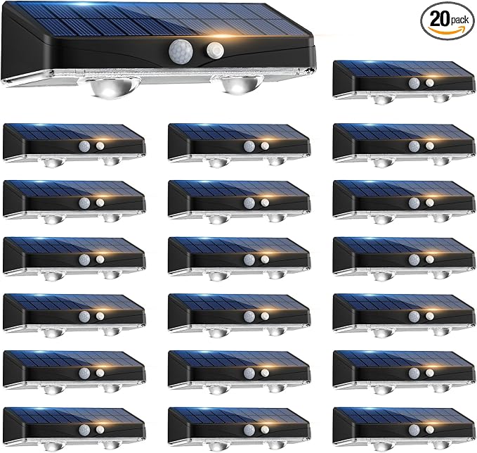 kolpop 20 Pack Solar Fence Lights Outdoor with 3 Modes Motion Sensor,IP65 Waterproof,1200mAh 60LM Bright LED Solar Lights for Fence,Patio,Backyard,Wall,Nighttime,Party(Cool White)