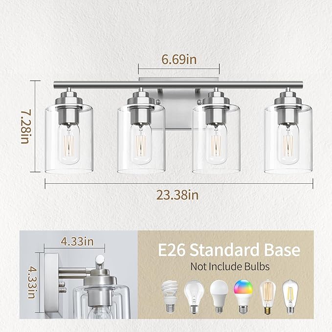 SKEJAO Bathroom Vanity Light Over Mirror,Bathroom Light Fixture Wall Sconce Lighting for Bedroom,Living Room (Nickel, 4-Light)