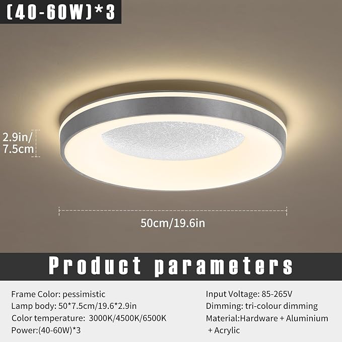 LED Flush Ceiling Light, 19in Grey Round Ceiling Light Dimmable 3000K/4500K/6500K Color Recessed Lamp for Living Room, Bedroom, Office,Hallway