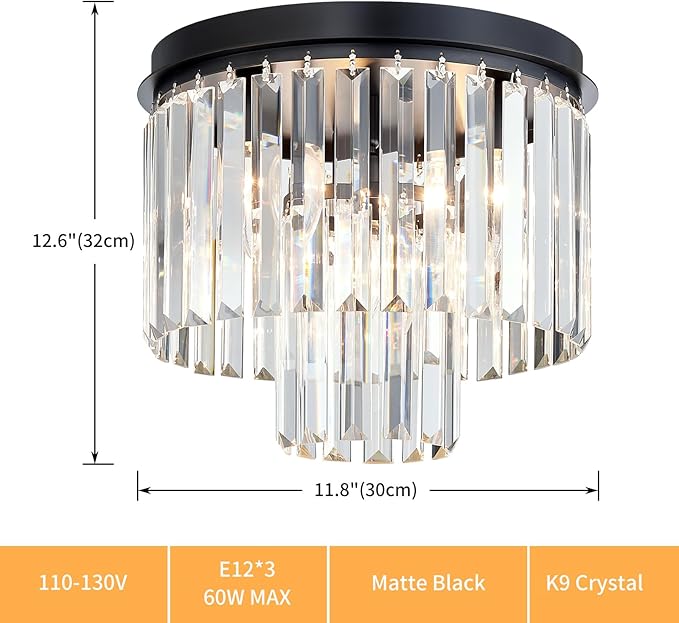 Crystal Ceiling Light, 3-Light Modern Flush Mount Ceiling Light Fixture for Living Room, Dinning Room, Hallway, D12xH13inch, Black Finish Frame & K9 Crystal