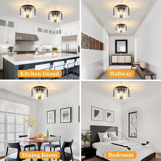 TOULMJ 15'' Black Semi Flush Mount Ceiling Light, 3-Light Modern Entryway Light Fixtures Hammered Glass Kitchen Lighting Fixtures Hallway Ceiling Lights for Bathroom Bedroom Foyer Laundry Dining Room