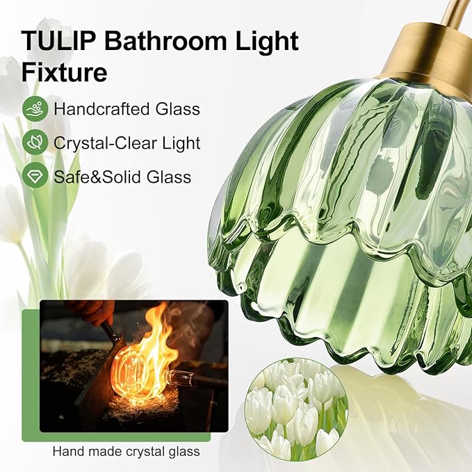 2-Pack Brushed Gold Bathroom Vanity Light, Single-Head Wall Sconce with Ribbed Green Tulip Glass Shade, Vintage Bathroom Light Fixtures for Bedroom, Hallway & Bedside (Bulbs Not Included)