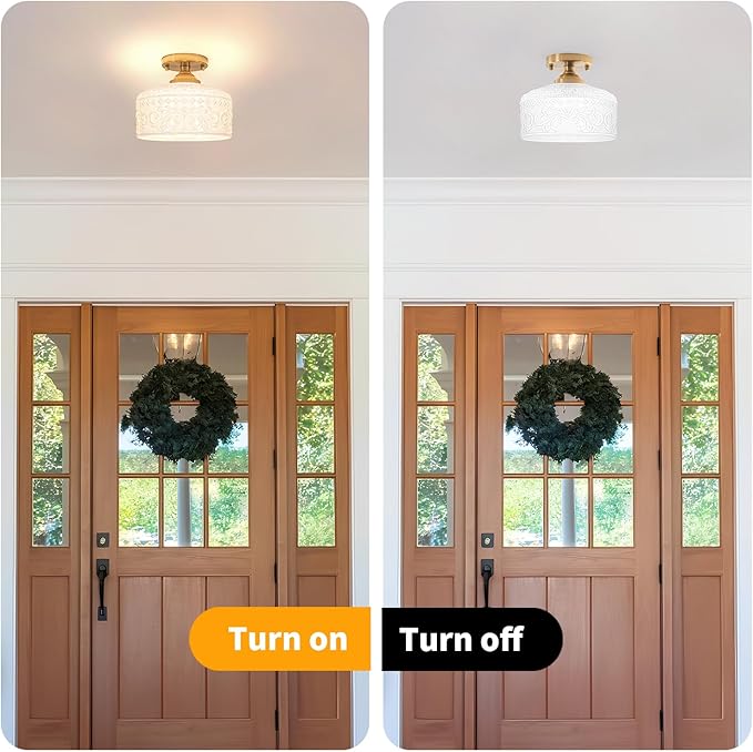 Artistic Gold Handcrafted Semi Flush Mount Ceiling Light - 12 Inch Vintage White Glass Shade with Etched Patterns, Easy Install Small Ceiling Light Fixture for Hallway, Kitchen, Bedroom