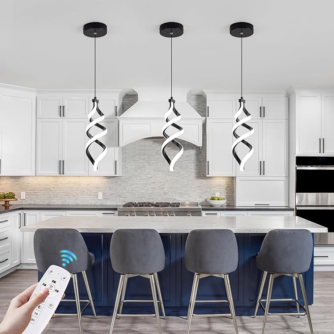 EIDISUNY Modern Led Pendant Light Fixture, 15W Black Spiral Led Chandelier Hanging Lamp, 3000K-6000K, Dimmable Pendant Lamp, Adjustable Height Pendant Light for Kitchen Island Dining Room Bedroom Cafe