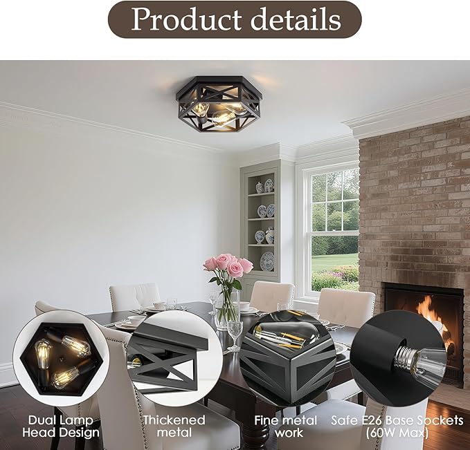 2 Pack Industrial 3-Light Semi Flush Mount Ceiling Light Fixture,Farmhouse Black Sputnik Ceiling Lighting, Modern Chandelier E26 Base Pendant Lamps