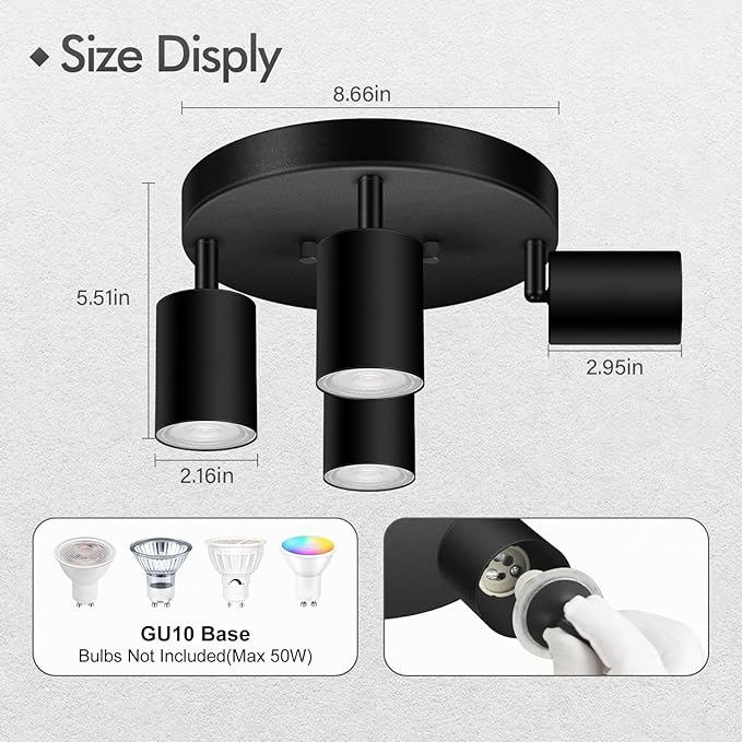 4 Light Track Lighting Fixtures Ceiling, Matte Black Round Directional Ceiling Spotlight, GU10 Flush Mount Track Fixture, Adjustable Modern LED Track Lights for Kitchen/Living Room, Bulb Not Included