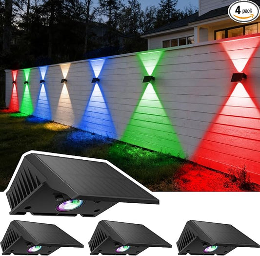 Solar Fence Lights Outdoor, 4 Pack White & RGB Up and Down Solar Wall Lights, IP67 Waterproof LED Dusk to Dawn Solar Powered Fence Lights for Patio, Backyard, Deck, Garden, Yard, Outdoor Wall Decor