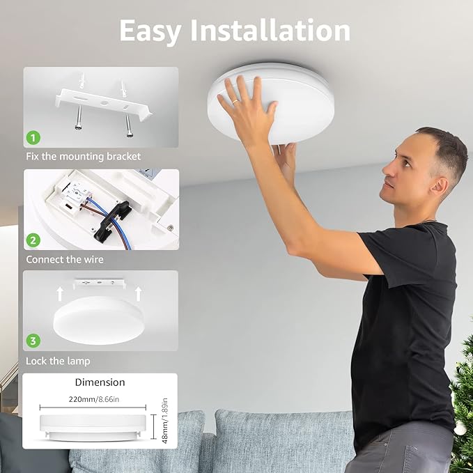 Lepro 8.7 inch 15 watt Flush Mount LED Ceiling Light Fixture for Bathroom Waterproof Soft Warm White 3000 Kelvin 1250 Lumen 120 watt Equivalent Ceiling Lamp for Kitchen, Laundry, Bedroom, Hallway
