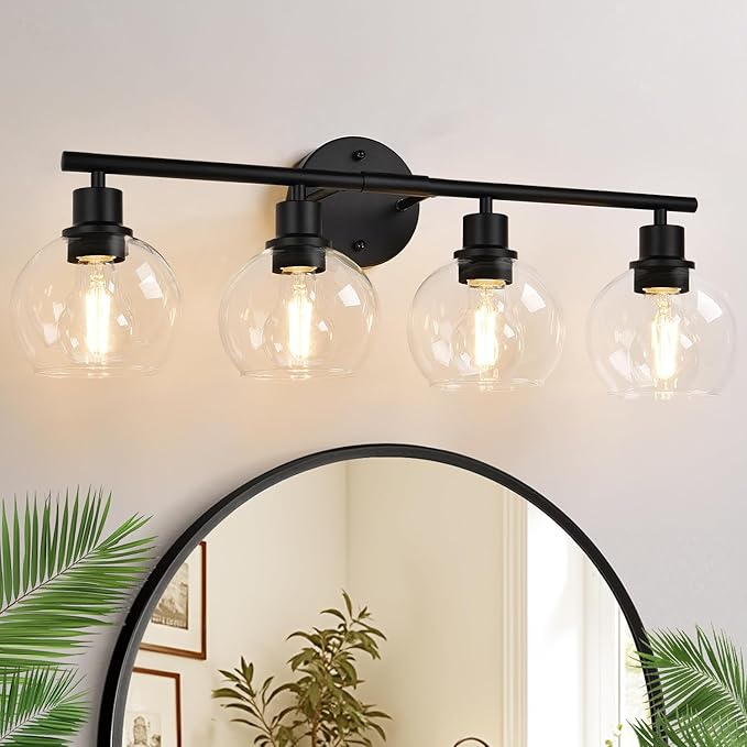 Indoi 4-Light Bathroom Light Fixtures, Black Bathroom Lights Over Mirror with Clear Glass Globe Shade, Vanity Lights for Bathroom Kitchen Living Room Hallway Cabinet Bedroom Porch