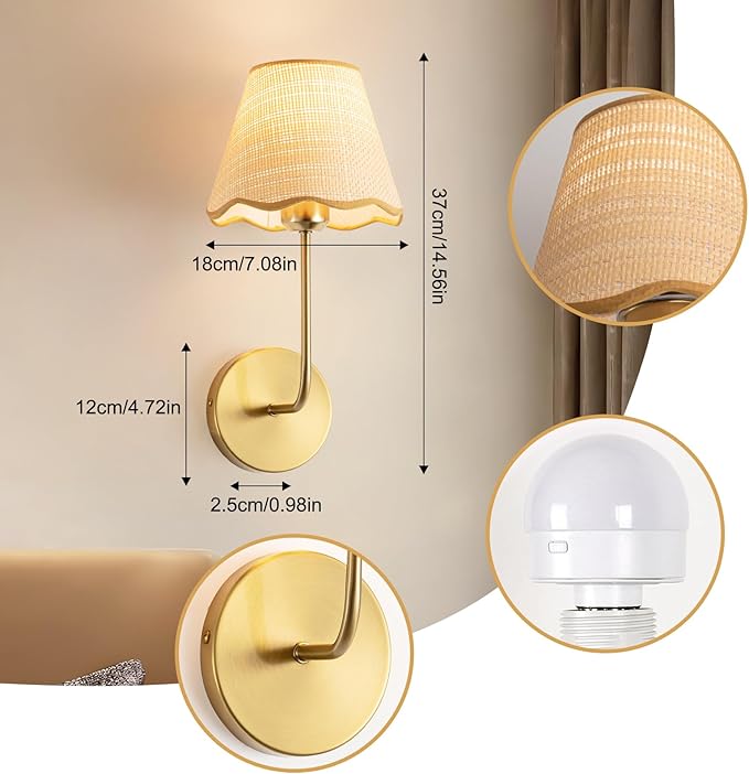 ADISUN Battery Operated Wall Sconce Set of 2, Gold Wall Lamps for Living Room, Rechargeable Bulbs, RGB. Rattan Shade Wireless Wall Lights for Bedroom Living Room Hallway Kitchen(Bulbs Included)
