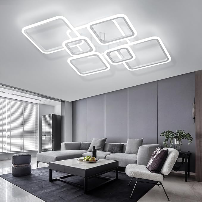 Modern Ceiling Light, 36.2'' LED Dimmable Acrylic Square 6+1 Rings Ceiling Lights with Remote, White Flush Mount Ceiling Light Fixture for Low Ceiling Bedroom Living Room Dining Room, 130W