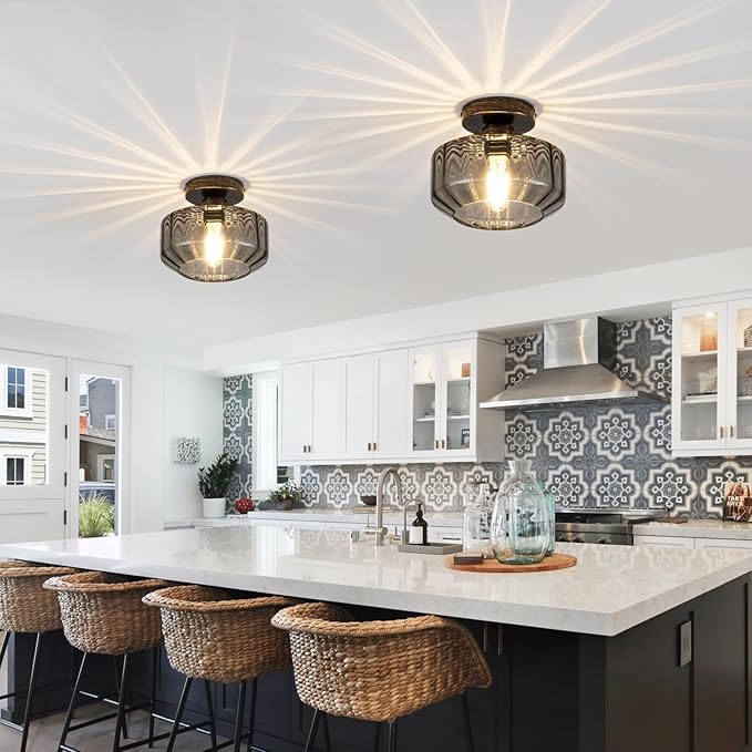 Tbaoinal Semi Flush Mount Ceiling Light Textrued Smoked Glass Shade Matal Base Inclede LED Bulb,for Kitchen/Hallway/Entryway/Bathroom for a Black Champagne Gold