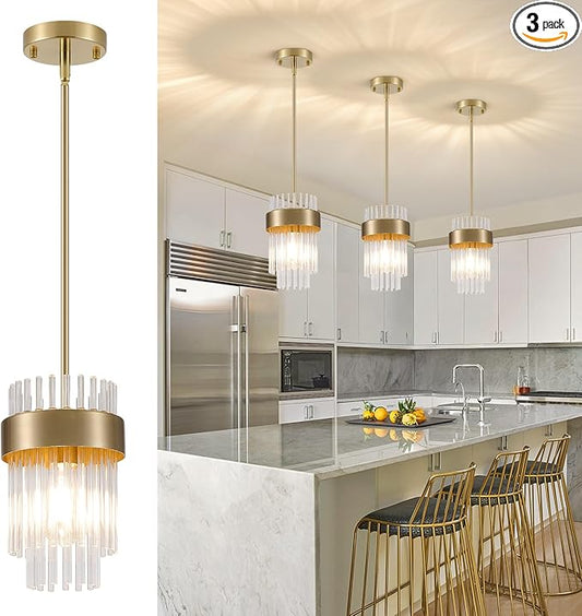 Dijiahua Gold Pendant Lights Kitchen Island 3 Pack,Modern Crystal Pendant Light Fixtures Over Table, Mini Brass Dining Room 1-Light Chandelier,Adjustable Cord Hanging Lamp for Bedroom,Hallway