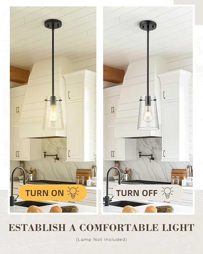 Beionxii Pendant Lights Kitchen Island, Matte Black Hanging Lights Fixtures with Clear Glass, Kitchen Pendant Lighting Over Island, Hanging Lights for Sink, Dining Room, Entryway, BX-PL03MB-2CG