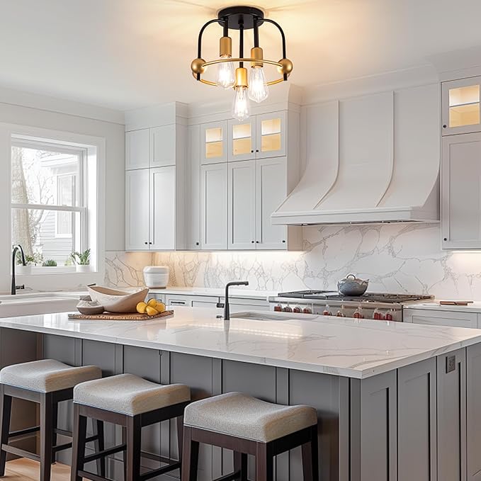 3 Light Industrial Ceiling Light Black Gold Semi Flush Mount Lights Close to Ceiling Light Fixtures,cage design Farmhouse Ceiling Lighting for Kitchen Bedroom Bathroom Foyer Hallway (E26, 2Pack)