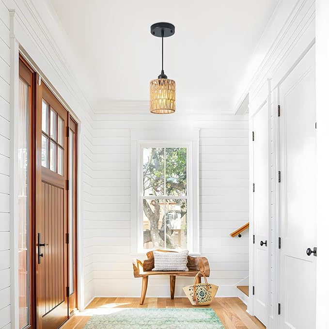 3 Pack Rattan Chandelier Pendant Lights Kitchen Island,Farmhouse Boho Chandeliers Adjustable Height Hanging lamp for Dining Room,Kitchen Ceiling Light Fixtures with Hand Woven Wicker Lampshade