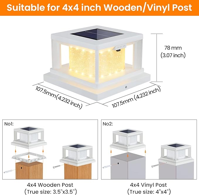Mlambert 4 Pack Solar Post Lights Outdoor, 2 Modes LED Fence Cap Light for 4x4 Post, Waterproof Deck Light Patio Garden Decor, Warm/Cool White, White