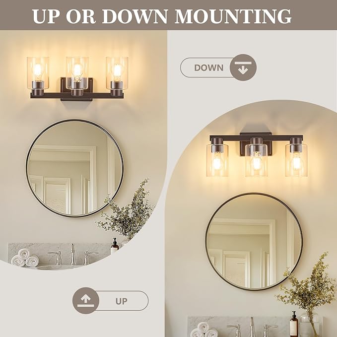 3-Light Bathroom Light Fixtures Modern Vanity Lights with Clear Glass Shade Oil Rubbed Bronze Wall Sconces Over Mirror for Bathroom,Powder Room, Living Room