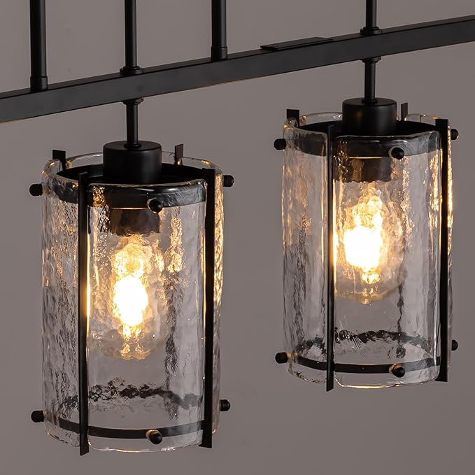 Farmhouse Linear Chandelier for Dining Room,Kitchen lsland Light Fixtures,5 Light Glass Chandeliers with Matte Black Finish,Height Adjustable L39.3”+W6.1”