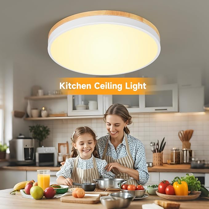 12 Inch Wood LED Flush Mount Ceiling Light Fixtures 5CCT 2700-5000K 24W Dimmable | Overhead Light | Round | White | Ceiling Lamp | Bathroom | Bedroom | Kitchen | Hallway | Laundry Room