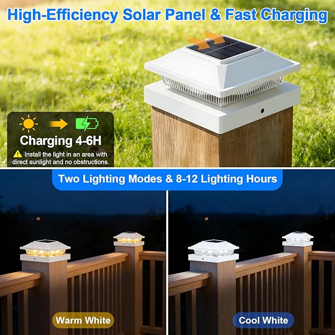 Brightever 4x4 3.5x3.5 Solar Post Cap Lights Outdoor 8-Pack, Solar Fence Post Lights Fit Vinyl/Wood Posts, 2 Modes(Warm/Cool White), Solar Powered Waterproof Deck Post Lights for Patio Porch, White