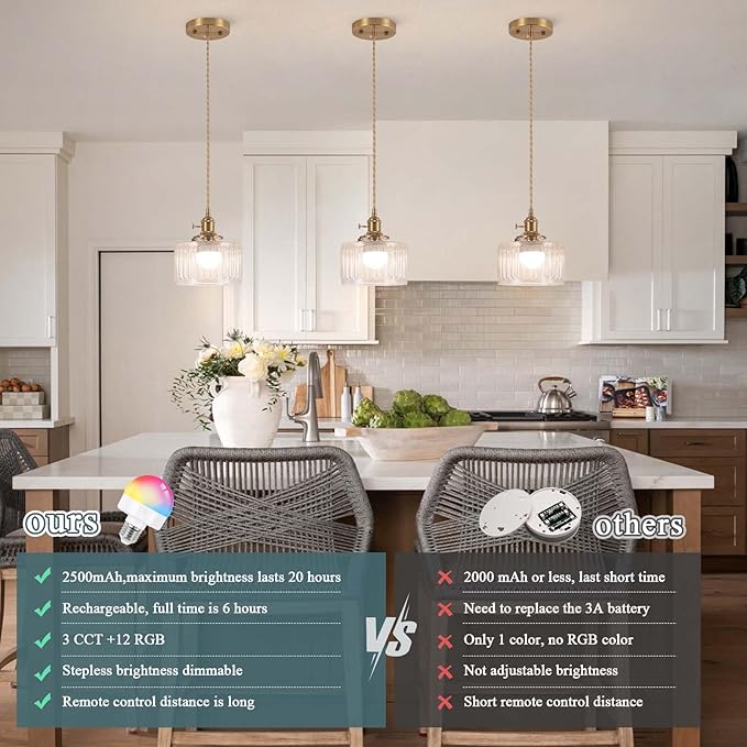Battery Operated Pendant Light,Vintage Light Fixtures 2500mAh 6.6in RGB Light Bulb with Remote Control Wireless Adjustable Rechargeable Chandelier for Kitchen Island Hallway 1Light