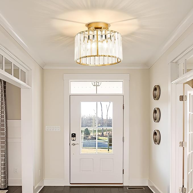 CVKASH 2 Pack Gold Crystal Semi Flush Mount Ceiling Light,Vintage Mini Ceiling Light Fixture Metal Close to Ceiling Lamp for Hallway Kitchen Living Room Bathroom Entryway Bedroom Closet