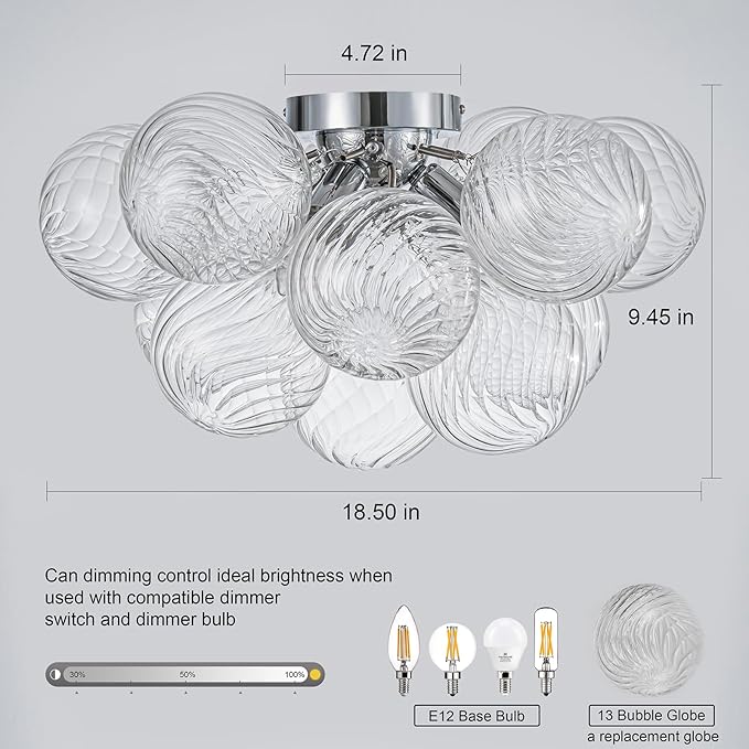 GoYeel Modern Chandelier Close to Ceiling Light Fixture 3 Light Contemporary Mid Century Glass Chandelier 18.5" with 13 Clear Swirled Globe Foyer Bedroom Living Room