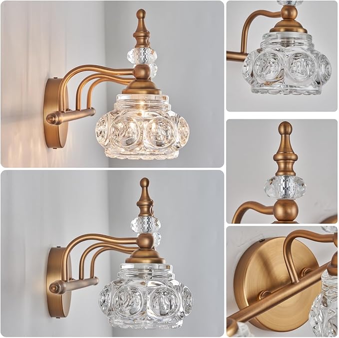 Vintage Vanity Light Fixture, 3 Lights Bathroom Lighting Matte Brushed Antique Brass Finish with Crystal Glass Shade, Vintage Vanity Light for Bathroom Bedroom Living Room
