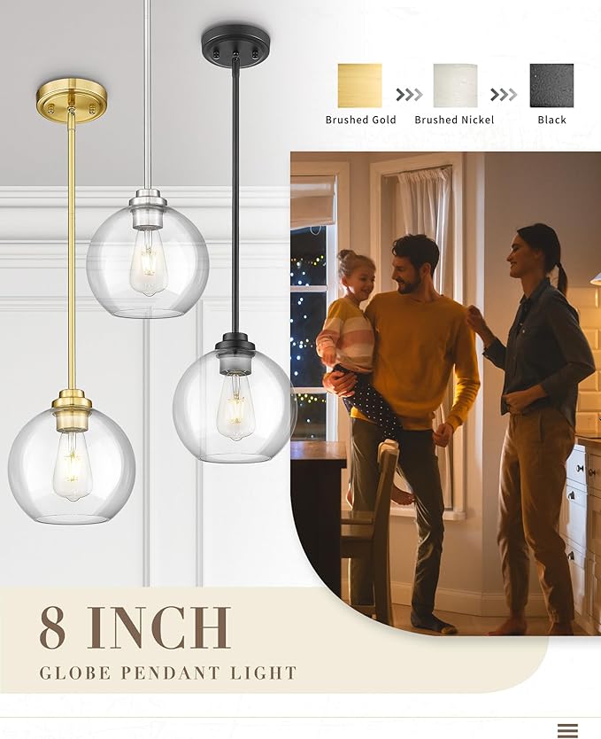 8 inch Matte Black Pendant Light, Mid Century Globe Haning Light Fixture Ceiling with Clear Glass for Kitchen Island Dining Room Bedroom Hallway Foyer (1 Pack), PL101BK-L