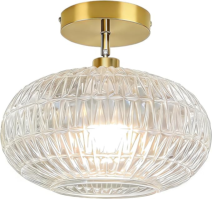 Gold Semi Flush Mount Ceiling Light Fixture,Hallway Light Fixtures,Vintage Small Ceiling Light Fixture,Globe Glass Ceiling Fixture,Vintage Ceiling Lamp,Kitchen Ceiling Lighting for Bedroom Bathroom