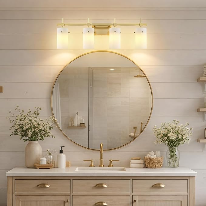 SOLFART Bathroom Light Fixtures, 4 Light Vanity Lights for Bathroom, Gold Wall Light with Milky White Glass for Mirror, Living Room, Hallway, Cabinet, E26 Base (Bulbs Not Included)