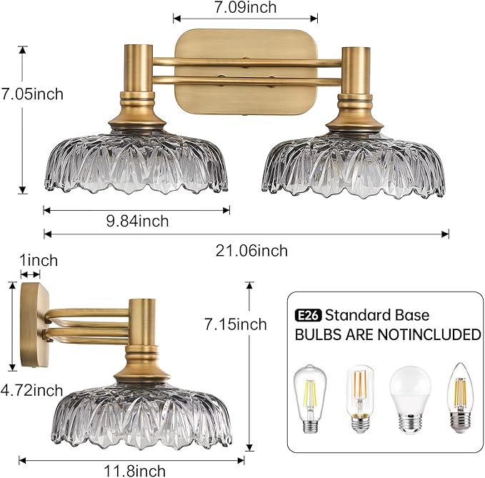 2 Light Bathroom Vanity Lights Grey Glass Lampshade Wall Sconces for Kitchen Dining Room Bedroom Hallway