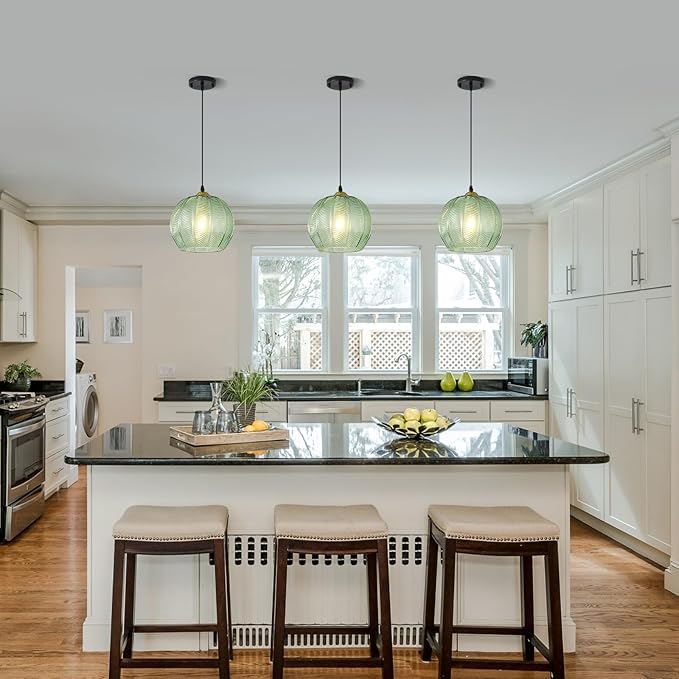9.8'' Green Glass Pendant Lighting, Single Large Globe Chandelier with Ribbed Glass Lampshade, Nordic Ceiling Hanging Ball Light Fixture for Kitchen Island, Dining Living Room, Bedroom