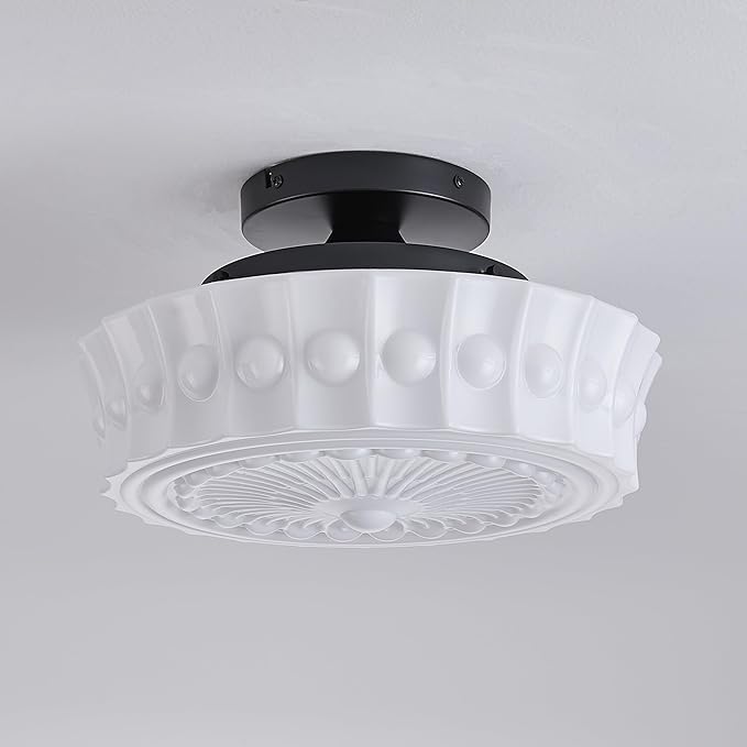 FCTWAKS Schoolhouse Ceiling Light Fixture, 13.8" Milk Glass Semi Flush Mount Mid Century Vintage Ceiling Light for Bedroom Hallway Kitchen, E26 Base Bulb Included, White