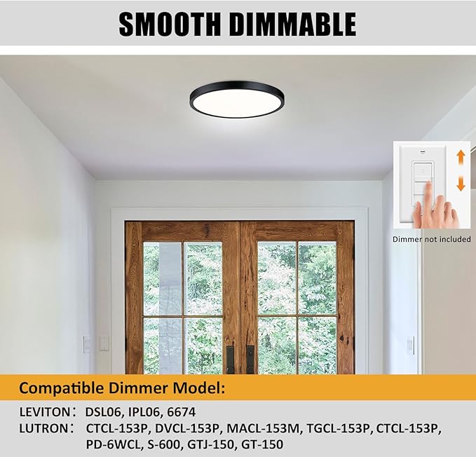 Flush Mount Ceiling Light Fixture, 14 Inch LED Modern Kitchen Light, Slim Dimmable Black Flush Mount Light for Low Ceiling, Laundry, Hallway, Metal and Glass Lighting, 26W, 3000K, 2 Pack