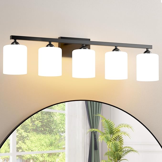 Quntis Black Bathroom Light Fixtures Over Mirror 5 Colors Adjustable, 5-Light LED Bathroom Vanity Lighting with Milky White Frosted Glass Shade, Energy-Saving LED Vanity Light 35.8 inch
