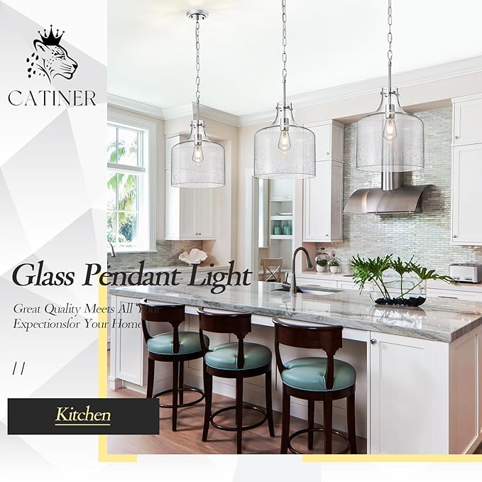 CATINER 12" Chrome Seeded Glass Pendant Light, Modern Farmhouse Hanging Ceiling Light Fixture for Kitchen Island, Dining Room, Hallway, Hand-Blown Bubble Glass Shade, E26 Dimmable Pendant Lighting