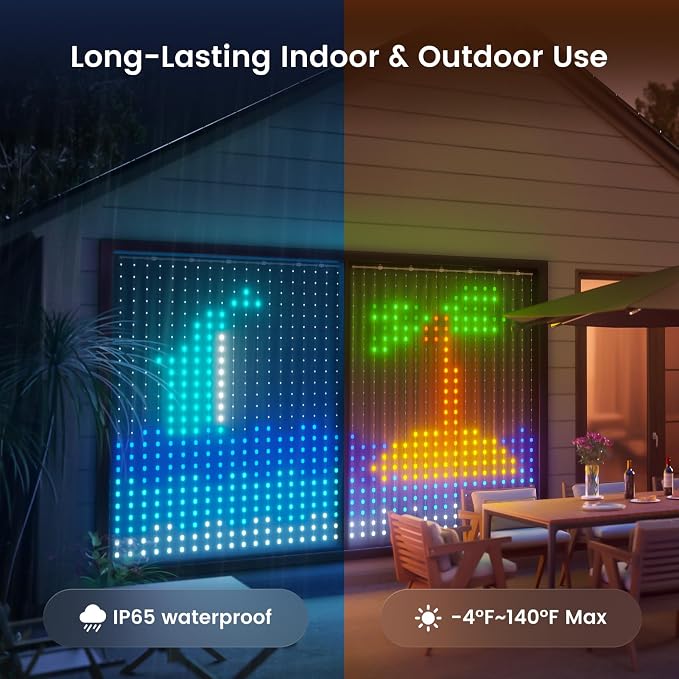 Smart Curtain Lights, 5 x 6.5 ft RGB LED Curtain Lights with App Control, 475 LEDs, 100+ DIY Patterns, 20+ GIF Scene Modes, Music Sync, IP65 Waterproof Lights for Bedroom, Window, Party, Outdoor Decor