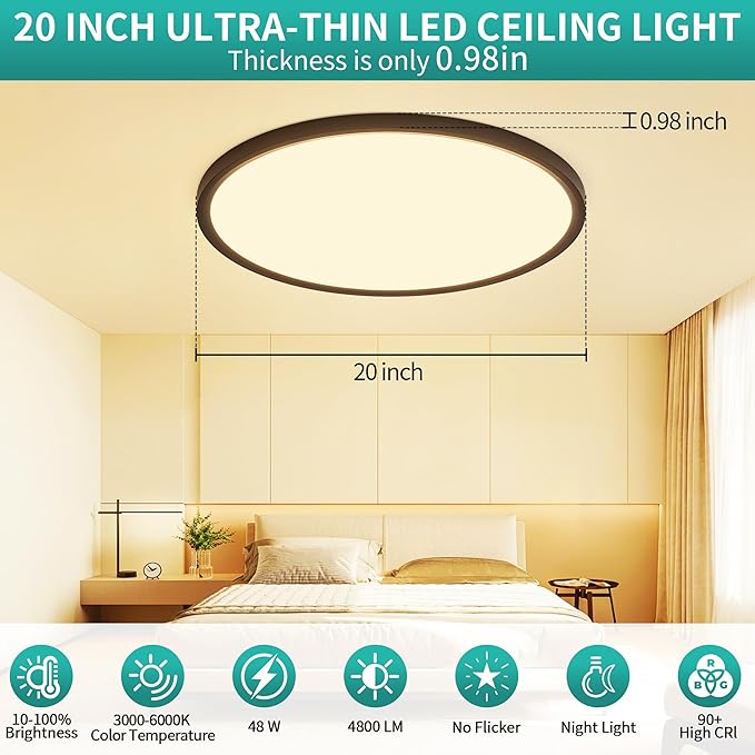 20 Inch LED Flush Mount Ceiling Light,48W Ultra-Thin Modern Round Light Fixture with Remote,Dimmable 3000K-6000K,Black,4800LM,Memory & Night Light Mode for Bedroom, Kitchen,Living Room