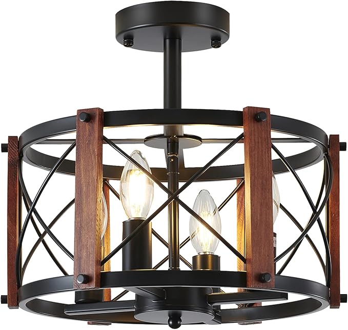 4-Light Rustic Farmhouse Semi Flush Mount Ceiling Light, Modern Entryway Hallway Light Fixtures Oak Wood Drum Kitchen Lights Black Close to Ceiling Light for Kitchen Bedroom Dining Room Foyer Lighting
