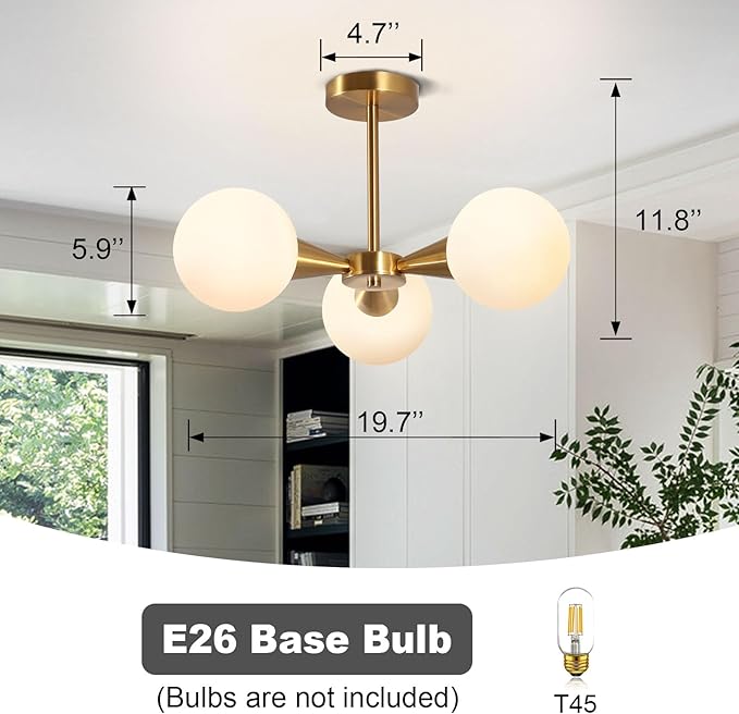 Betkas 3-Lights Semi Flush Mount Ceiling Light Fixture Brushed Gold Light Fixture Straight Bar Modeling with Milk Glass Globe for Bedroom,Living Room, Dinning Room Foyer Hallway
