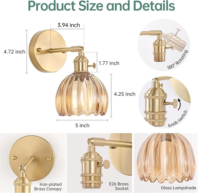 Shenmoyl Vintage Wall Sconces with Amber Tulip Glass Lampshade 180 Degree Adjustable Brass Sconces Hradwired Modern Wall Lighting Fixture with Switch for Bedside Bedroom Doorway