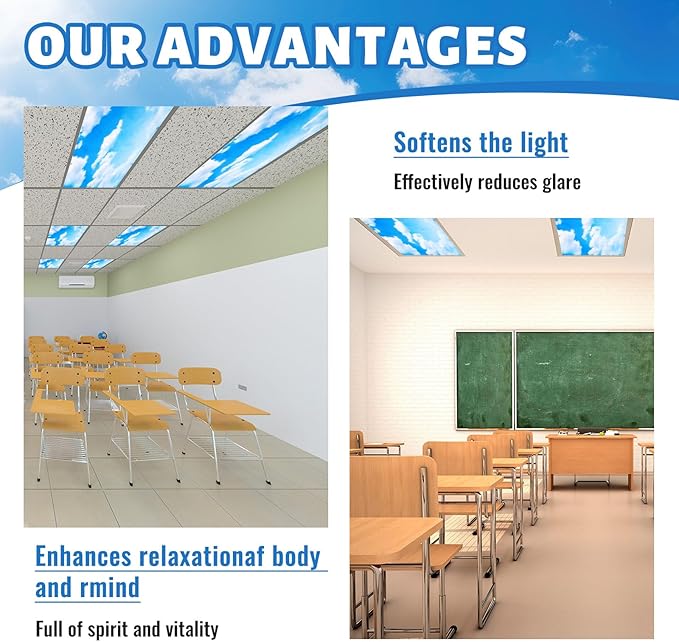 Funtery 10 Pack Fluorescent Light Covers 2 x 4 ft Magnetic Cover Ceiling Classroom Light Filters Cubicle Shield for Classroom Office Home Drop Ceiling Decorations(Blue Sky Cloud)